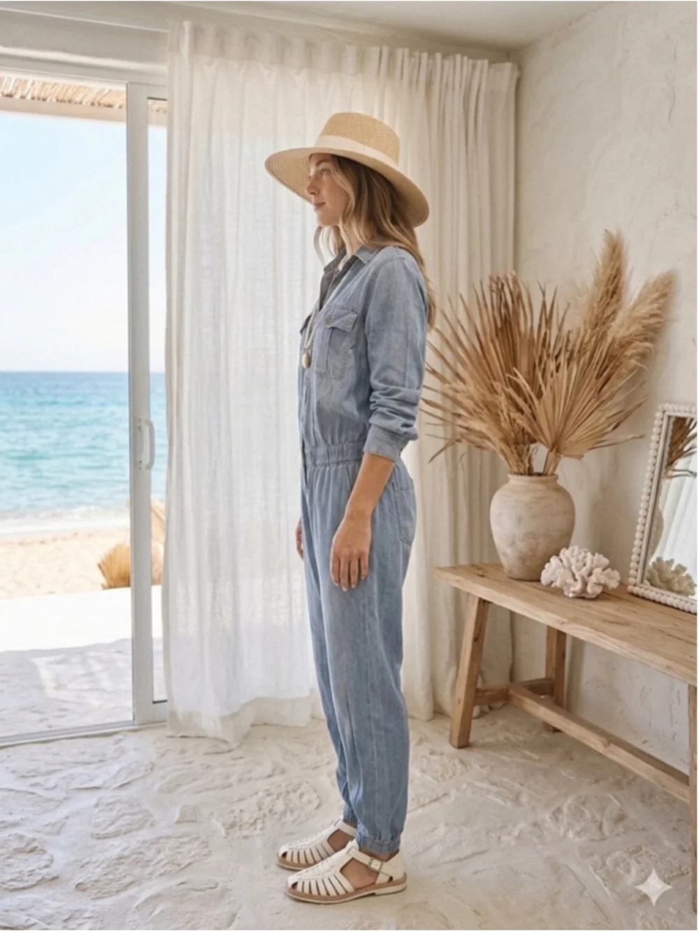 Ashley Stewart Denim Jumpsuit 14 Romper Overall Long Sleeve Elastic Waist Blue